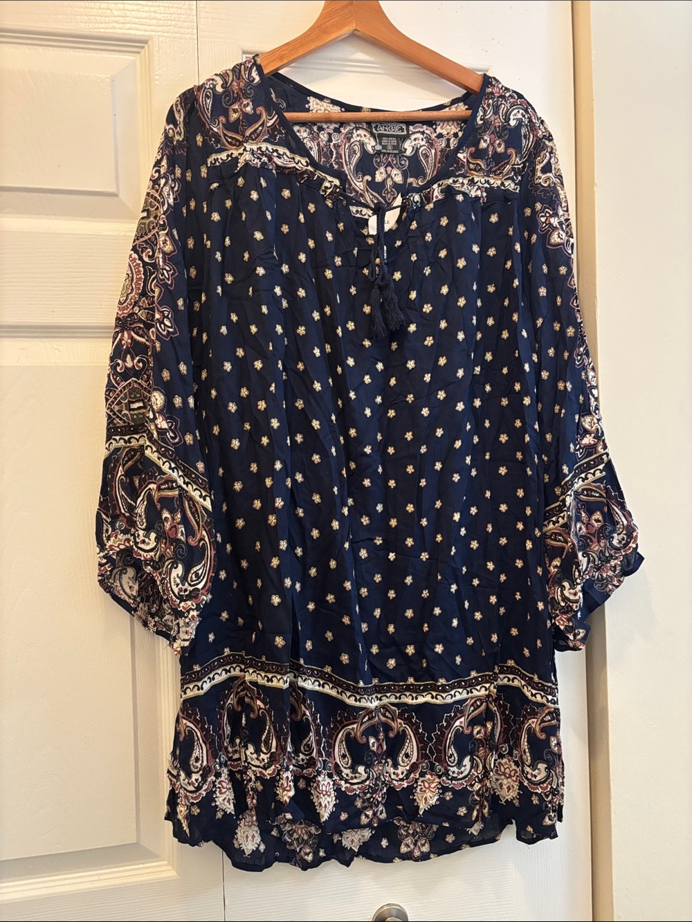 Angie Boho Baby-doll Ditsy Floral Peasant Tassel Tunic Floral Flowy Bell Sleeve